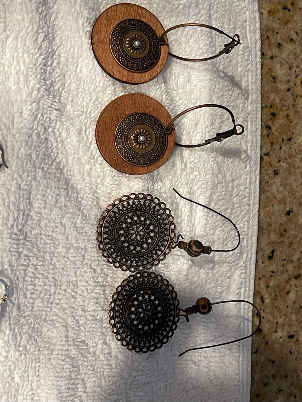 Boho Copper-Tone Filigree & Wood Disc Drop Earrings